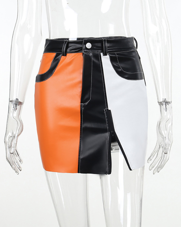 Orange PU Short Skirt  S-L