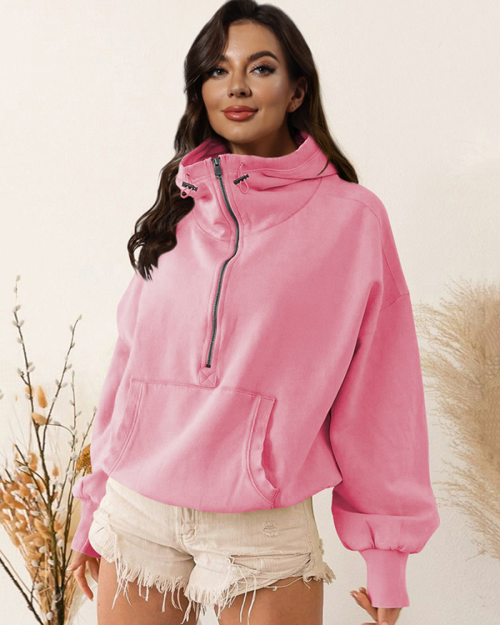 Popular Fashion Women Long Sleeve Pocket Front Half-zip Hooded Pullover Tops S-XL