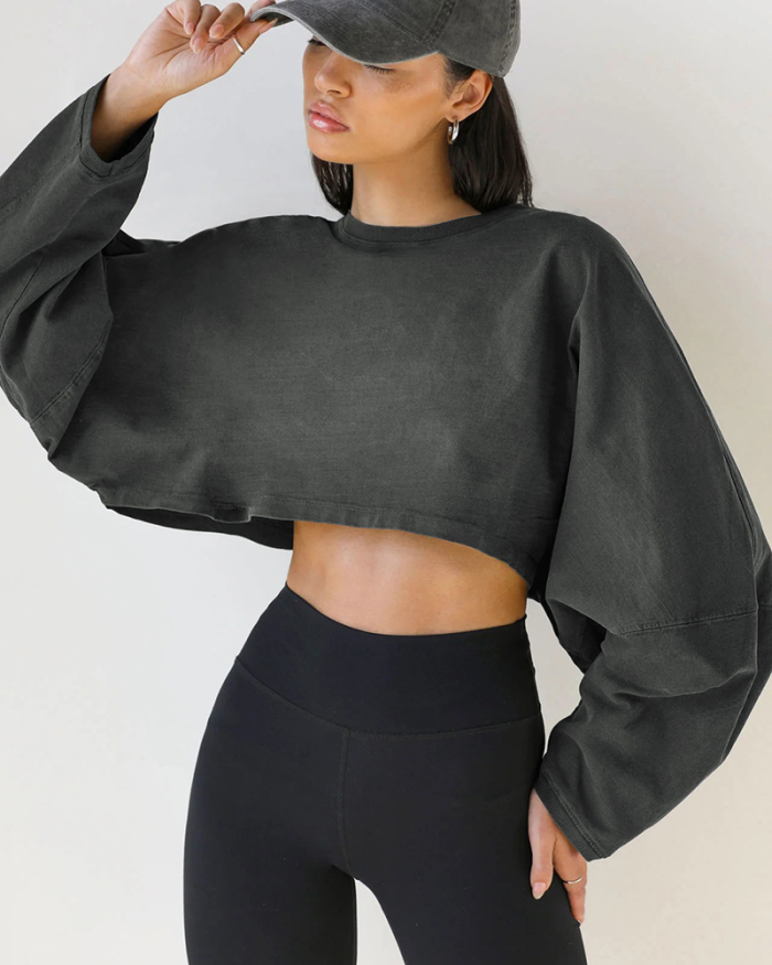 Hot Sale Crew Neck Loose Style Long Sleeve Short Sport Pullover Top S-XL