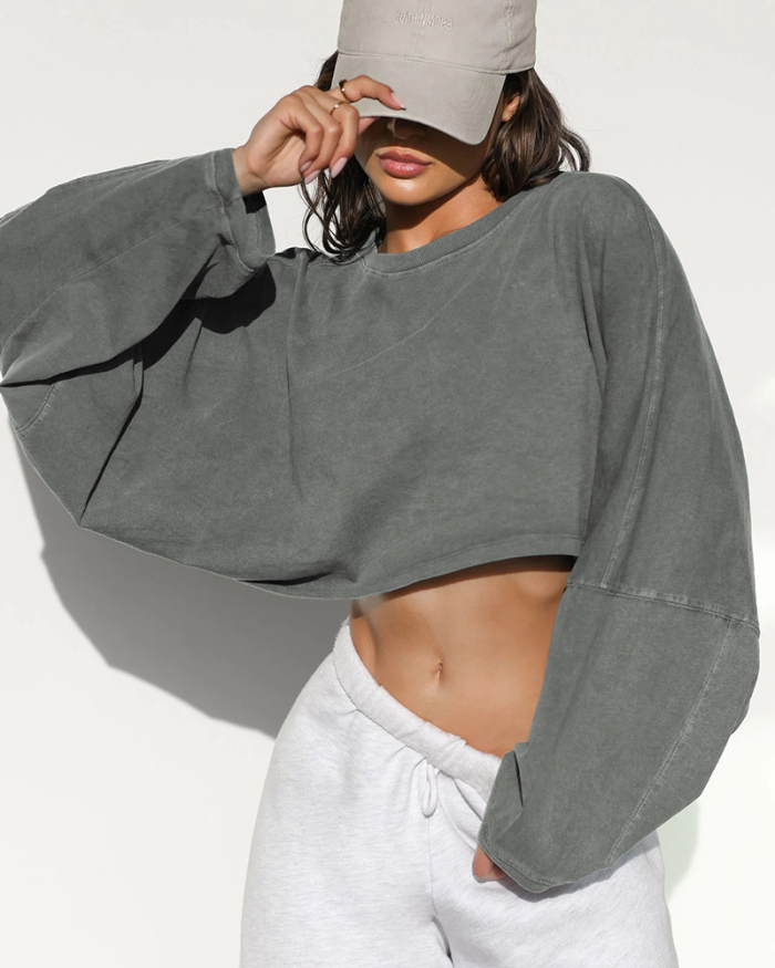 Hot Sale Crew Neck Loose Style Long Sleeve Short Sport Pullover Top S-XL