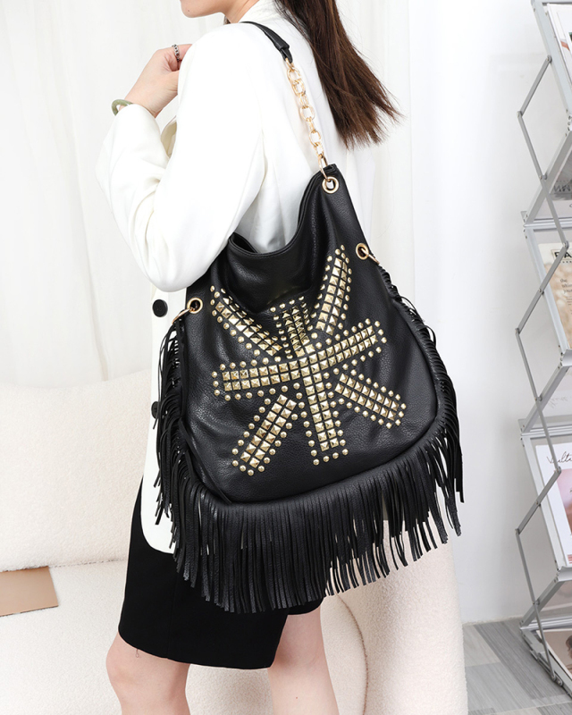 Rivet Liu Ding Soft Leather Tassel Bag Handheld One Shoulder Oblique Straddle Large Bag