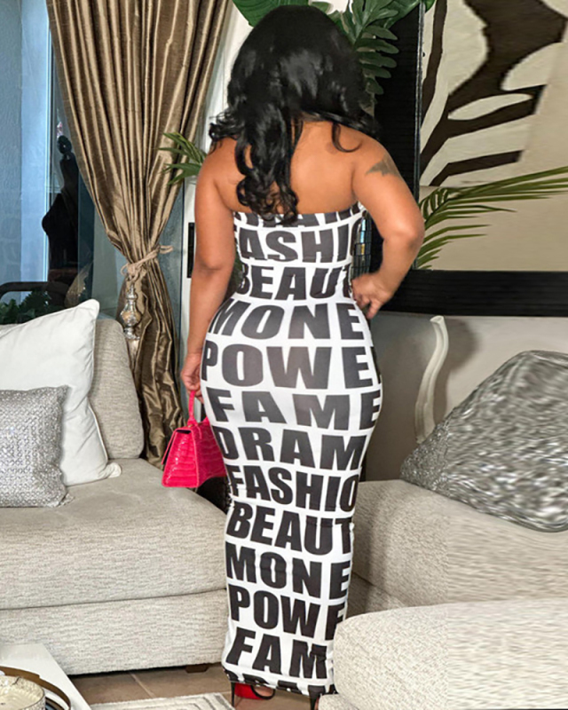 Strapless Women Letter Printed Cute Long Dress S-L