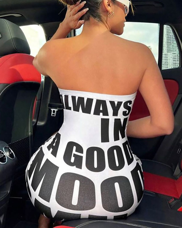 Strapless Women Letter Printed Cute Mini Dress S-L