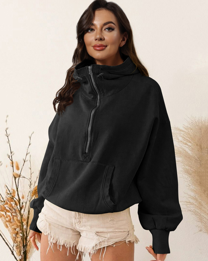 Popular Fashion Women Long Sleeve Pocket Front Half-zip Hooded Pullover Tops S-XL