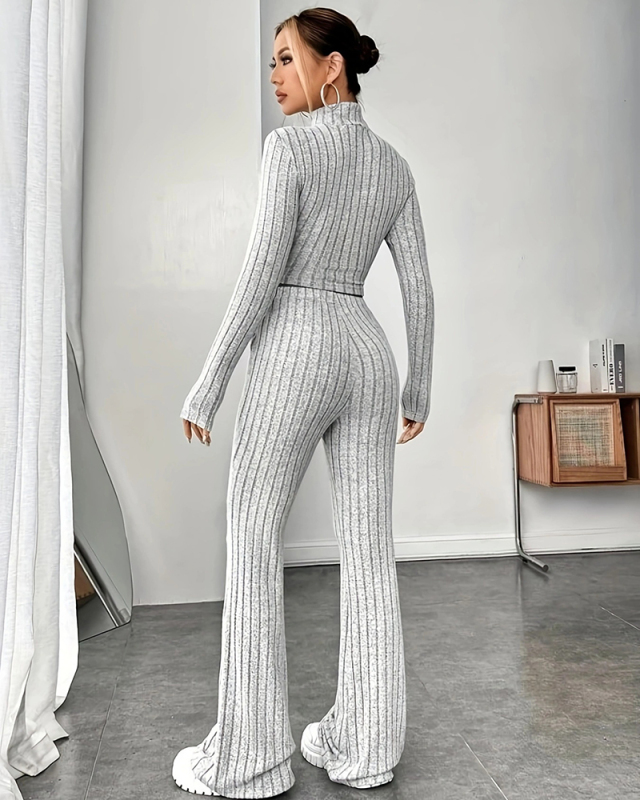 Ribbed Mock Neck Long Sleeve Slim Crop T Shirt With Elastic High Waist Pull On Flare Pants Set Matching Two Piece Se