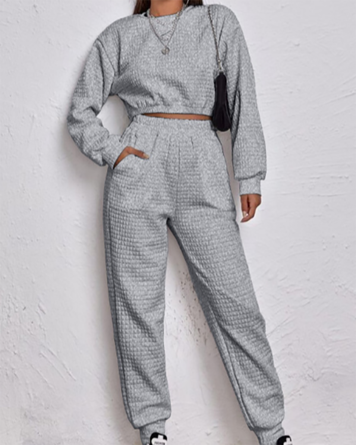 Casual Textured Solid Color Crop Sweatshirt Elastic Waist Jogger Sweatpants Two Piece Set