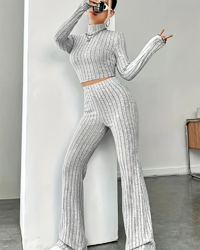 Ribbed Mock Neck Long Sleeve Slim Crop T Shirt With Elastic High Waist Pull On Flare Pants Set Matching Two Piece Se