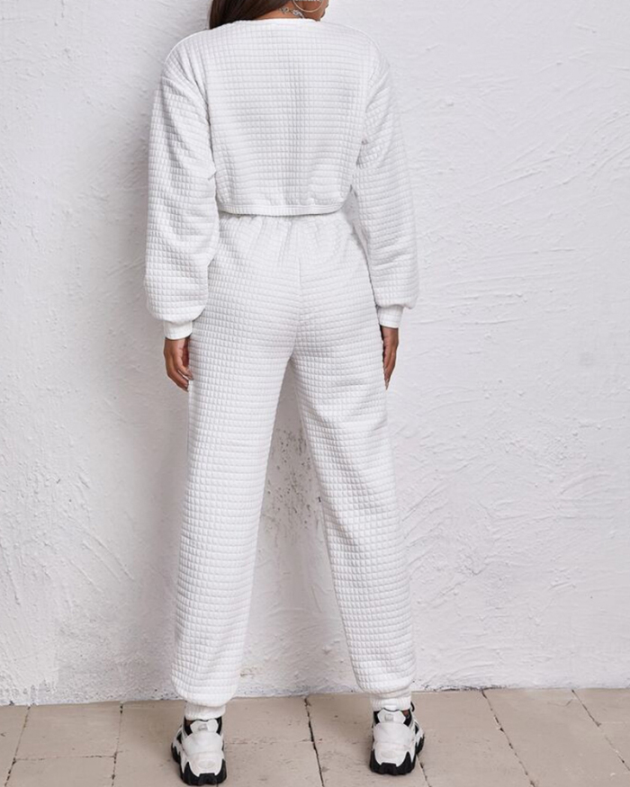 Casual Textured Solid Color Crop Sweatshirt Elastic Waist Jogger Sweatpants Two Piece Set