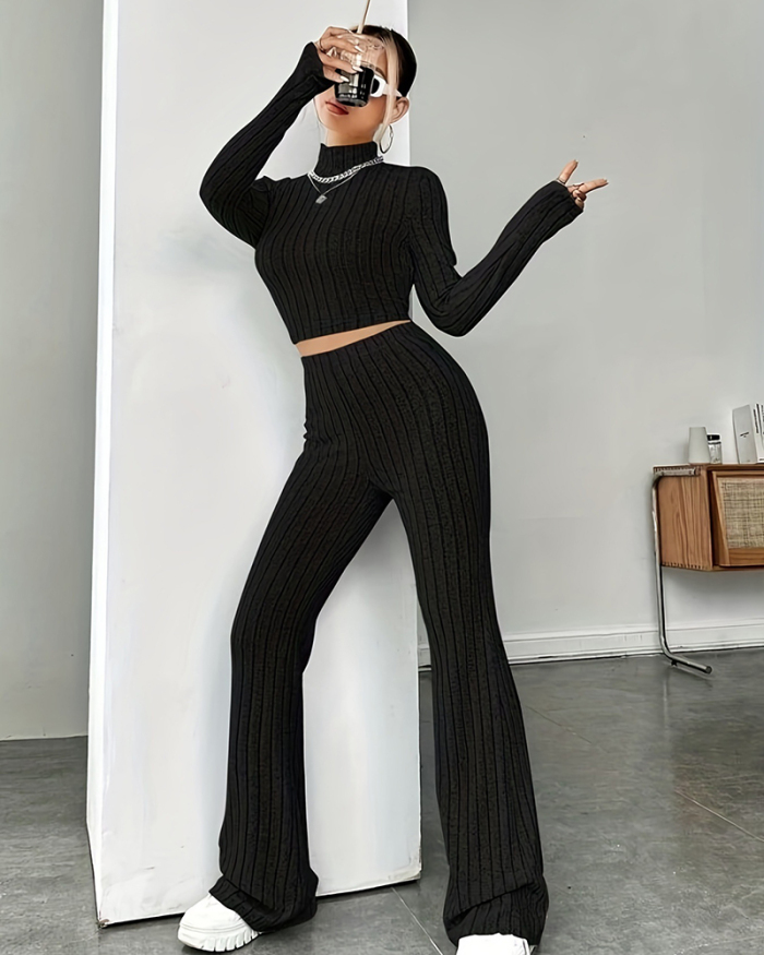 Ribbed Mock Neck Long Sleeve Slim Crop T Shirt With Elastic High Waist Pull On Flare Pants Set Matching Two Piece Se