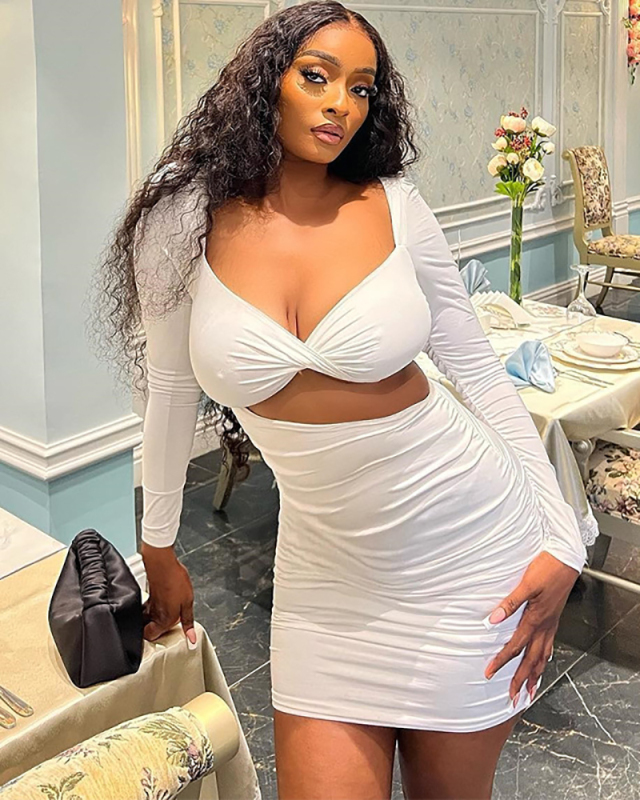 Long Sleeve Hollow Out Women Short Causal Dress S-L