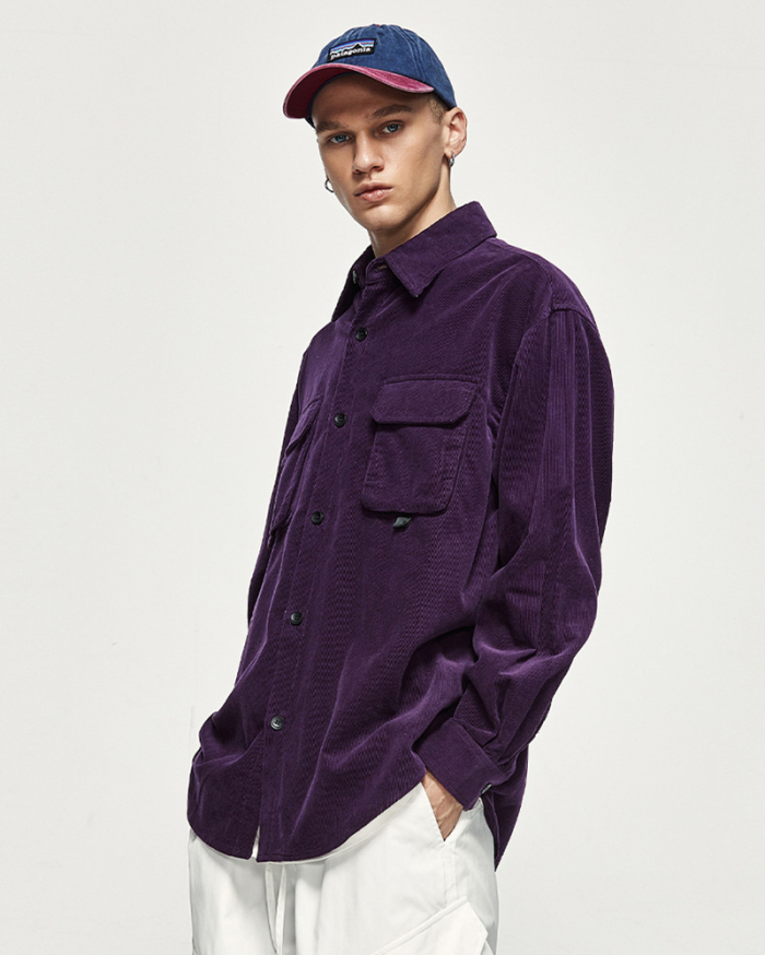 Trendy Corduroy Unsex Long Sleeve Lapel Loose T-shirt Coat Gray Purple Green M-XL