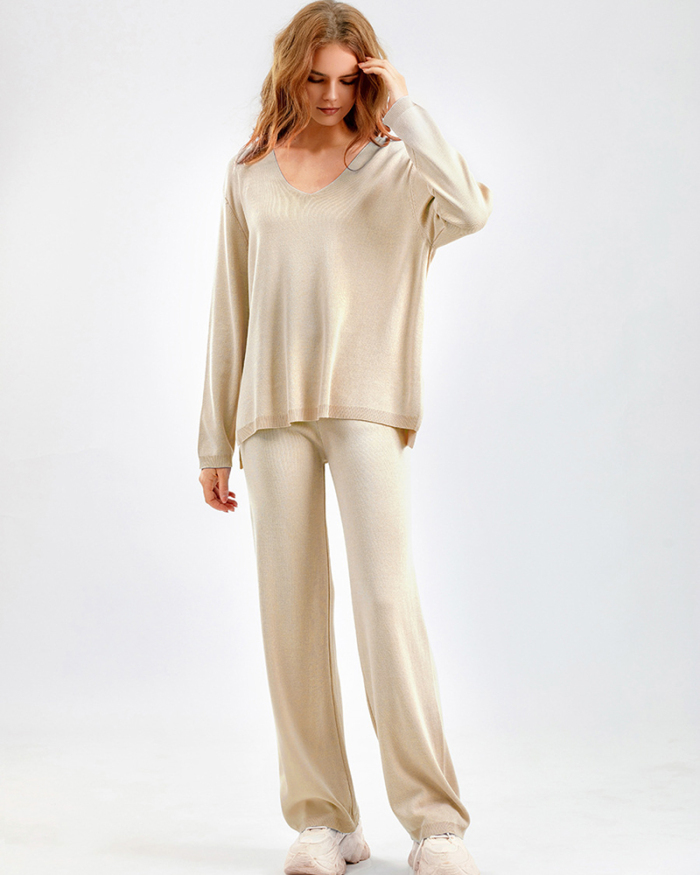 Woman V Neck Solid Color Fashion Long Sleeve Sweater Pants Two Piece Sets One Size