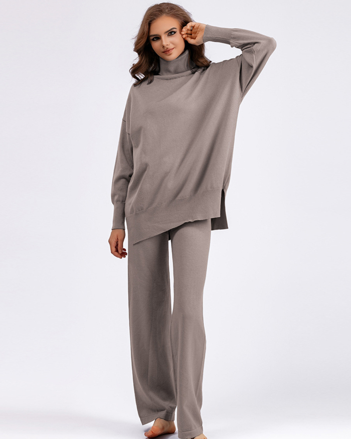 High Neck Warm Autumn Women Winter Solid Color Slit Loose Knit Long Sleeve Sweater Pants Sets 2 Pieces Outfit One Size