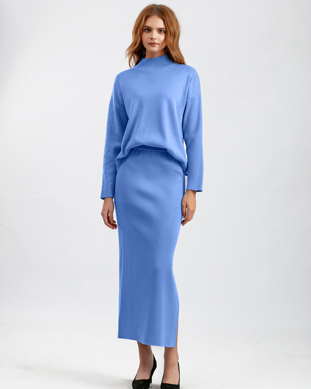Women Autumn New Knit Casual Fashion Wear Long Sleeve Sweater Top Maxi Skirt Two Pieces Sets One Size