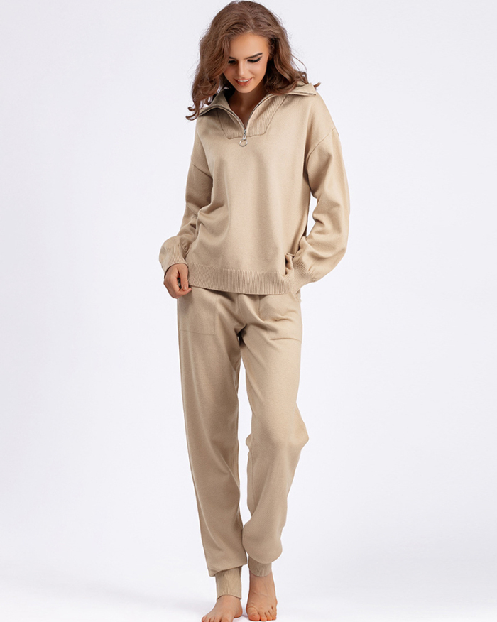 Polo Half Zipper Neck Sweater Pocket Trousers Sets Two Piece Outfit One Size