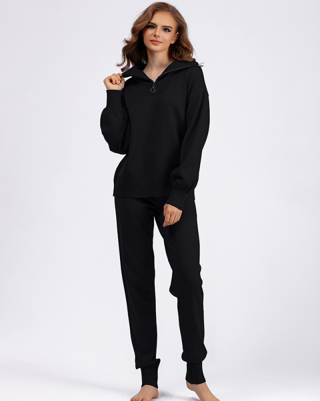 Polo Half Zipper Neck Sweater Pocket Trousers Sets Two Piece Outfit One Size