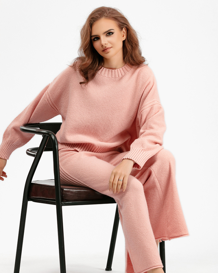 Autumn Winter New Long Sleeve Sweater Wide Leg Knit Pants Casual Wear Two Pieces Set One Size