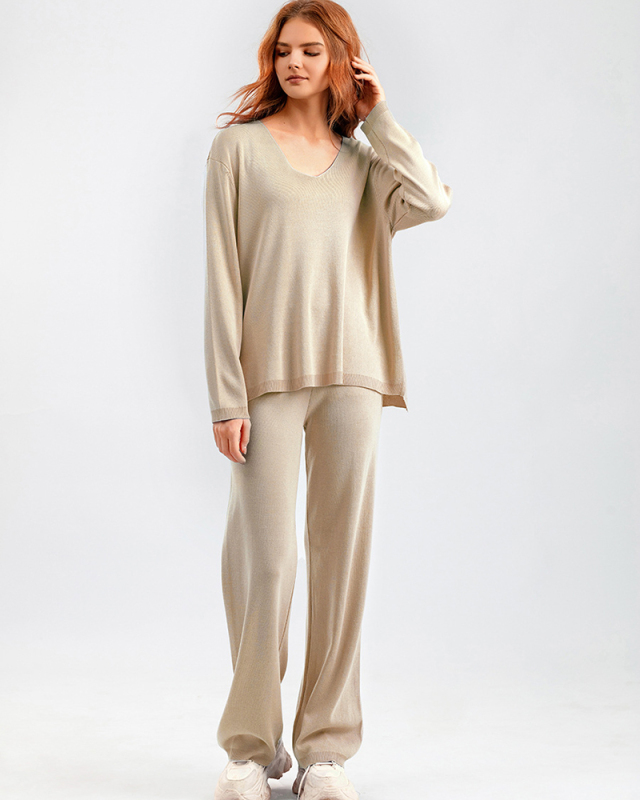 Woman V Neck Solid Color Fashion Long Sleeve Sweater Pants Two Piece Sets One Size