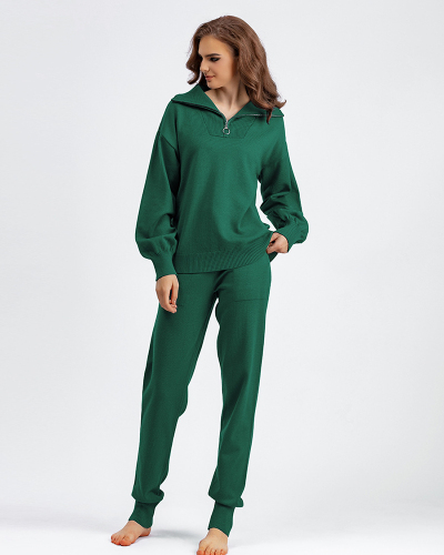Polo Half Zipper Neck Sweater Pocket Trousers Sets Two Piece Outfit One Size