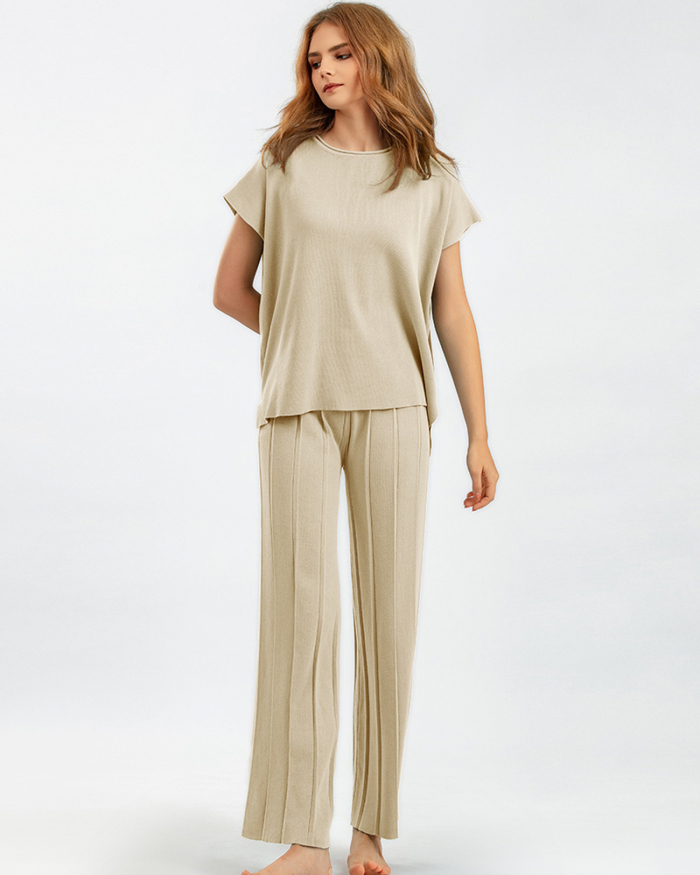 Casual Wear Women Summer Solid Color Short Sleeve Knit Wide Leg Two Piece Pants Sets One Size