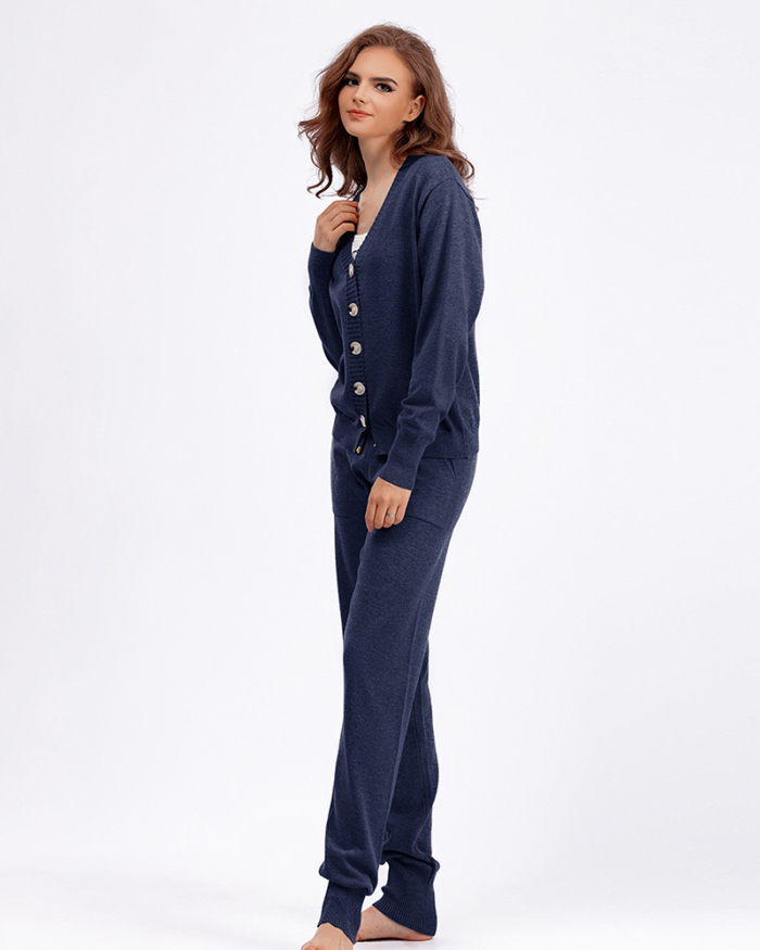 Autumn Knit V Neck Long Sleeve Cardigan Pocket Trousers Two Piece Sets One Size
