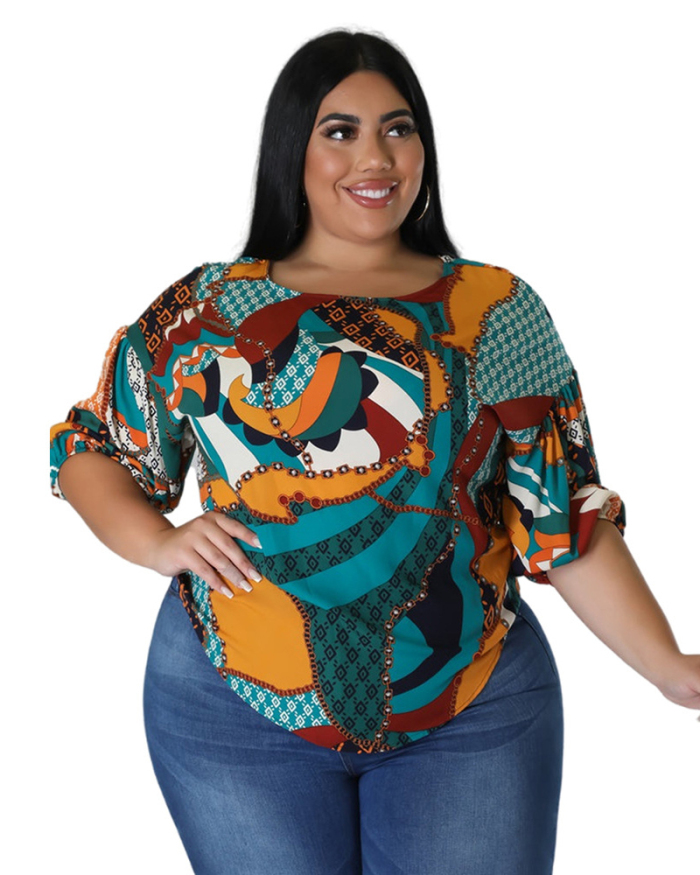 Fashion Temperament Printed Top Round Neck Seven-point Sleeve Base Casual T-shirt XL-5XL