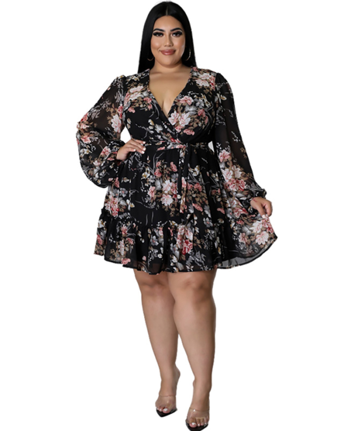 Women Florals V Neck Elegant Chiffon Plus Size Dresses Black Pink XL-5XL