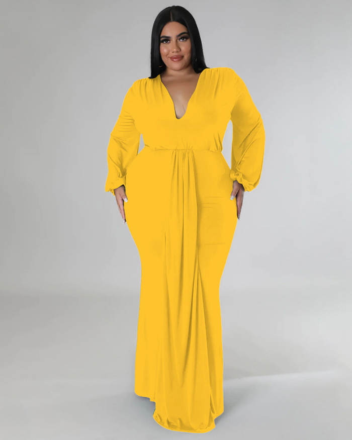 Women Fashion Long Sleeve V Neck Solid Color Maxi Plus Size Dress L-4XL