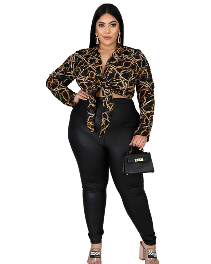 Women Leopard Long Sleeve Lapel Elegant Sexy Fashion Plus Size Top XL-5XL