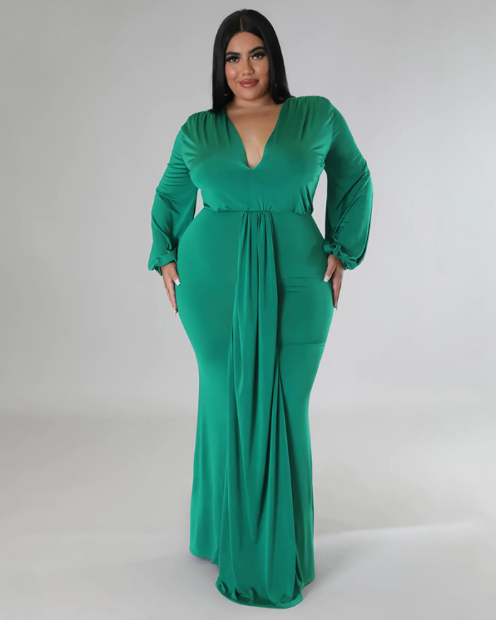 Women Fashion Long Sleeve V Neck Solid Color Maxi Plus Size Dress L-4XL