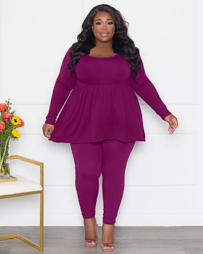 Women Long Sleeve Solid Color Pants Sets Plus Size Two Piece Sets Black Purple Blue Orange L-4XL