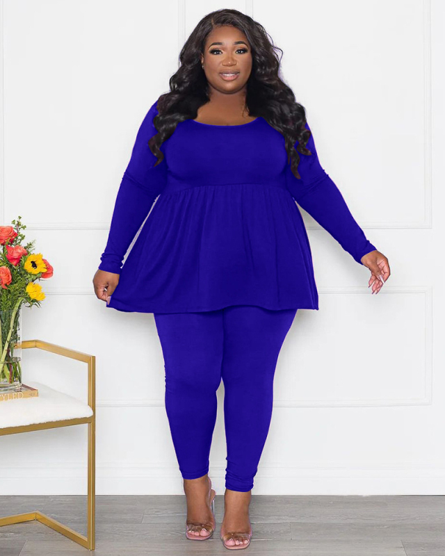 Women Long Sleeve Solid Color Pants Sets Plus Size Two Piece Sets Black Purple Blue Orange L-4XL