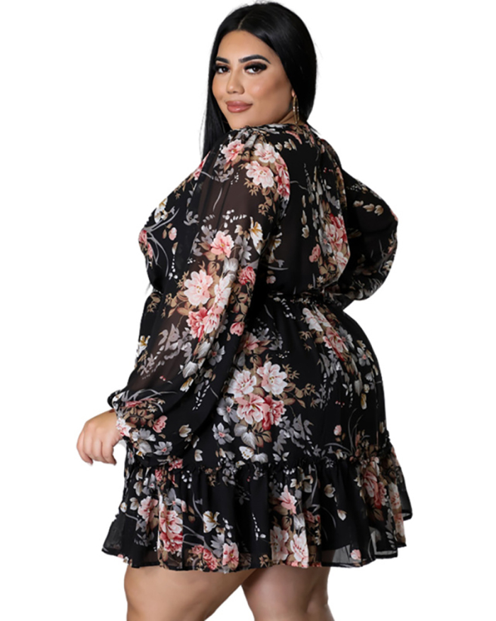 Women Florals V Neck Elegant Chiffon Plus Size Dresses Black Pink XL-5XL
