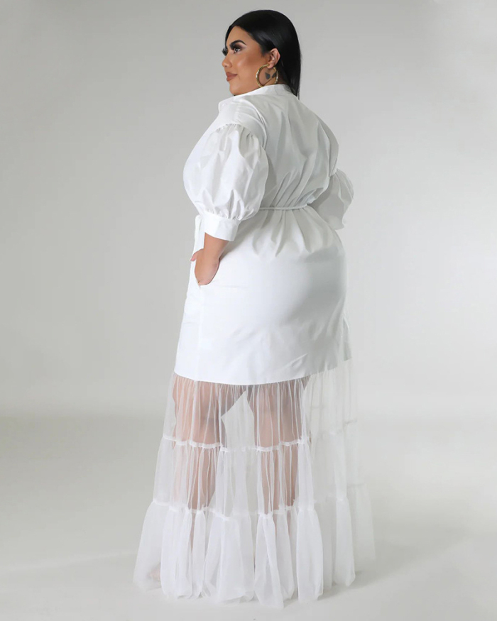Women Lapel Patchwork Long Half Mesh Hem Plus Size Dresses Black White Pink Blue L-4XL