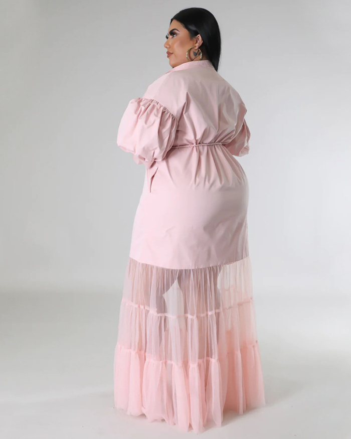 Women Lapel Patchwork Long Half Mesh Hem Plus Size Dresses Black White Pink Blue L-4XL