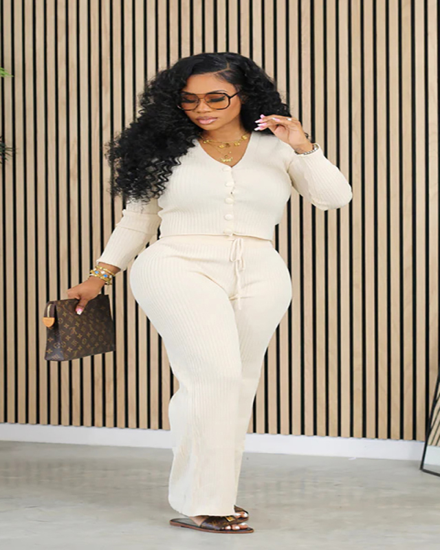 Knitted Women Fashion Autumn Two Piece Pant Set S-XXL