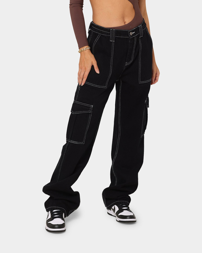 High Waist Multi Pockets Women Fashion Pants S-XL