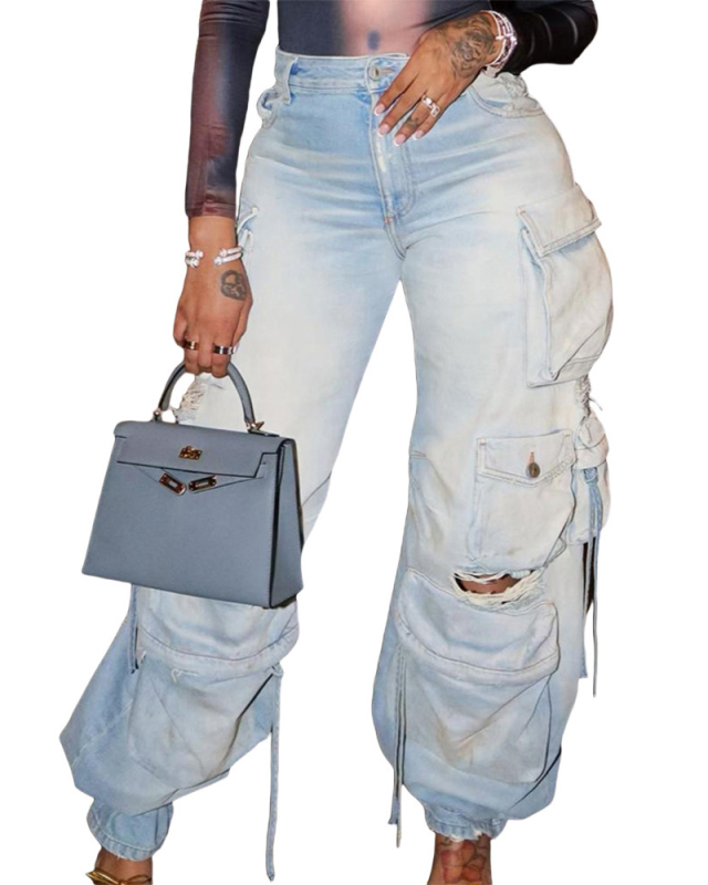 Hot Selling Retro New Casual Hole Big Pocket Jean Pants S-2XL