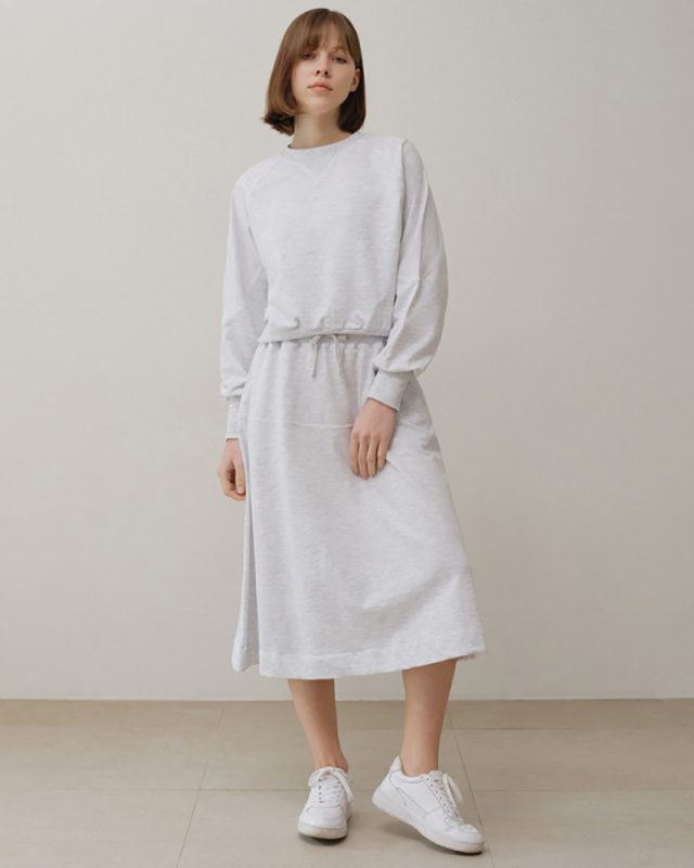 Crew Neck Long Sleeve Sweatshirt Yoga Sport Style Midi Skirt Two Piece Sets Gray S-L