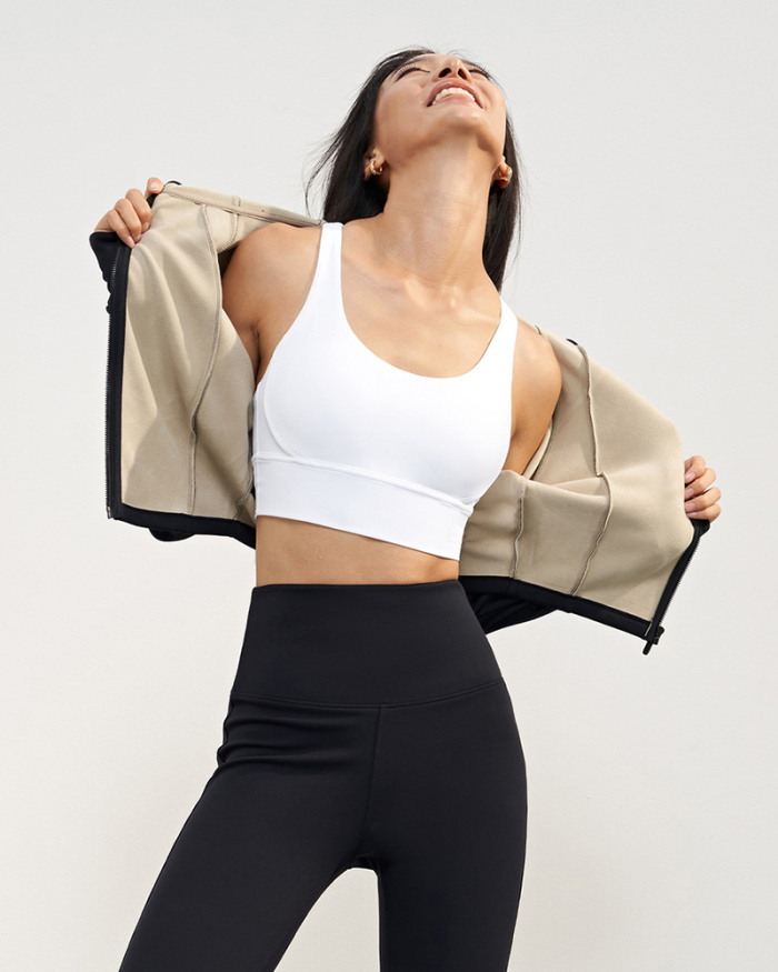 Fleece Hoodies Stand Collar Long Sleeve Slim Sports Yoga Coat Black White 4-10