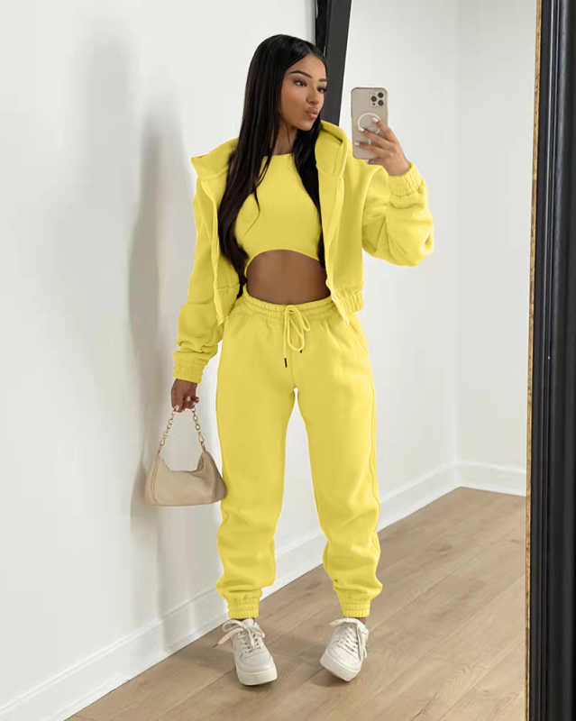 Hot Sale Long Sleeve Hoodies Coat Vest Inside High Waist Casual Pants Sets Three Piece Sets S-2XL