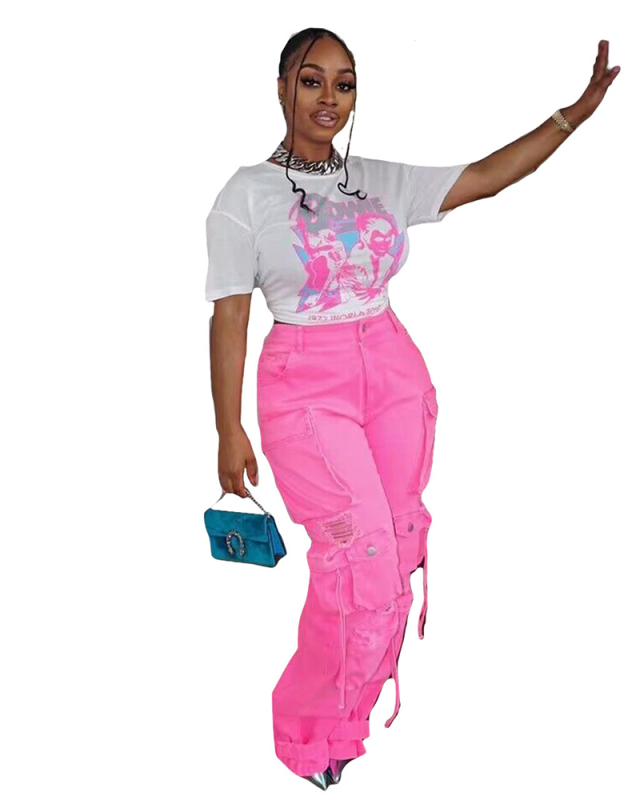 Hot Selling Retro New Casual Hole Big Pocket Jean Pants S-2XL