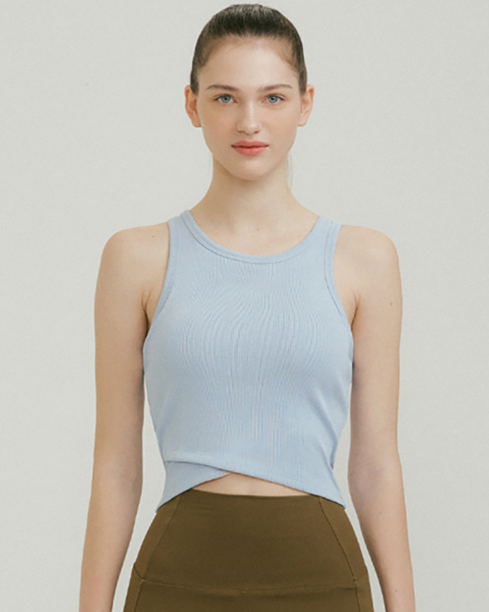 Summer Sleeveless Solid Color O Neck Basic Sports Yoga Vest Yellow Black Blue White S-L