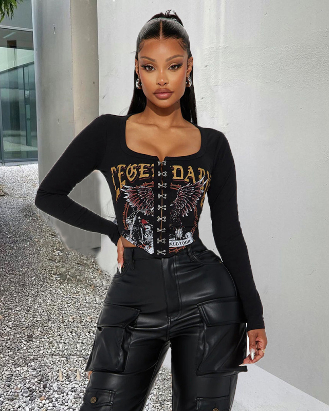 Women Fashion Long Sleeve Printed Autumn Mini Crop Top Black S-L