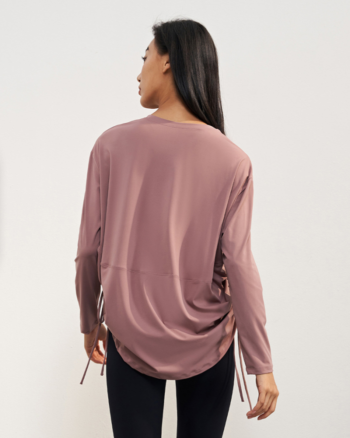 Women Long Sleeve Drawstring Side Solid Color Loose Comfortable Autumn Winter GYM T-shirt 4-10