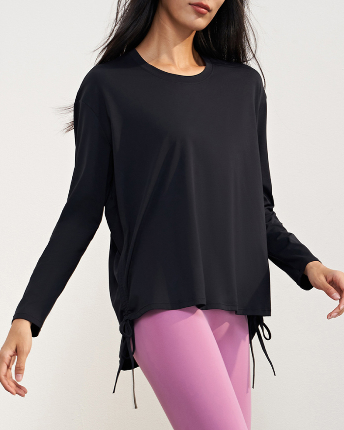 Women Long Sleeve Drawstring Side Solid Color Loose Comfortable Autumn Winter GYM T-shirt 4-10