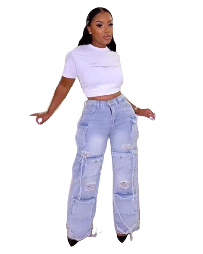 Hot Selling Retro New Casual Hole Big Pocket Jean Pants S-2XL