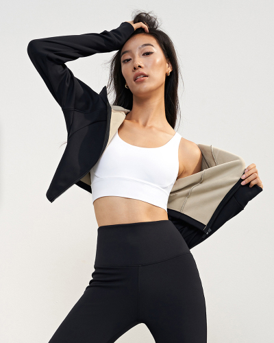 Fleece Hoodies Stand Collar Long Sleeve Slim Sports Yoga Coat Black White 4-10