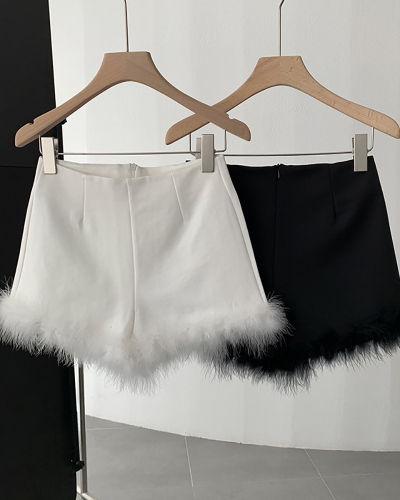 Women High Waist Sexy Feather Autumn A-line Casual Shorts Black White S-XL