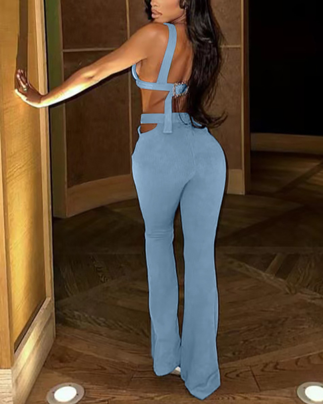 Women Summer Sleeveless Solid Color Knit Fashion Pants Sets Two Pieces Outfit Blue S-XL